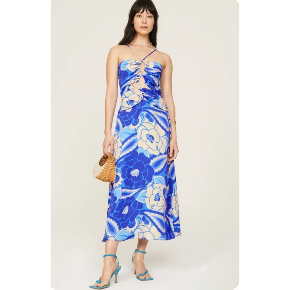 Farm Rio Blue Floral Cutout Halter Maxi Dress Tropical Print Boho Sleeveless | M - Picture 1 of 13